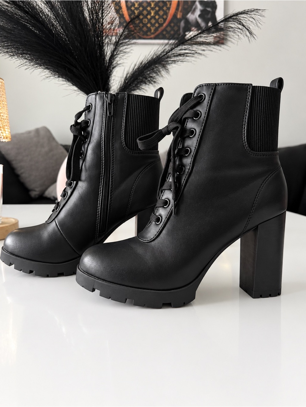Black Lace-Up Block Heel Ankle Boots - Women's